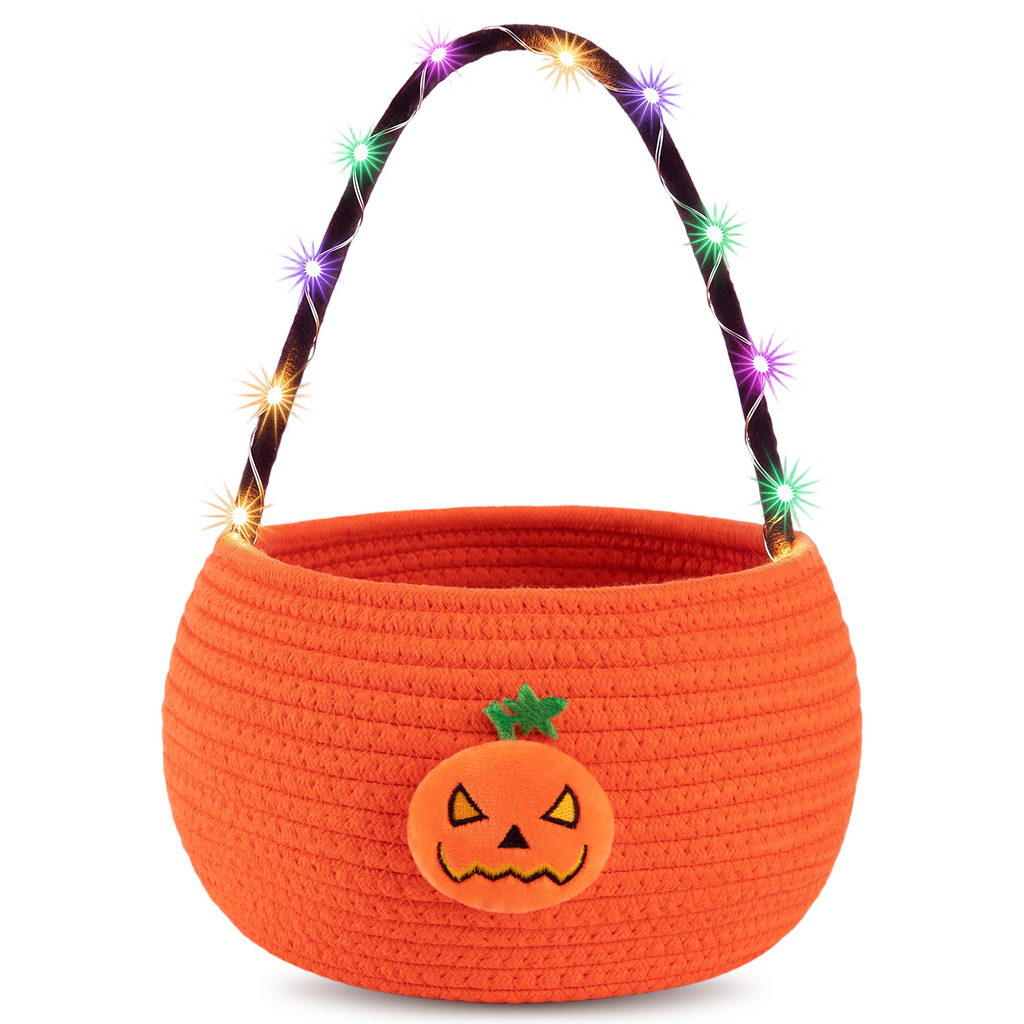 Halloween Trick or Treat Basket for Kid, Light Up Pumpkin Candy Bucket Cute Woven Cotton Rope Boo Basket with Handle, Small Halloween Gift Basket for Party,9.84"x7.87"x6.3", Orange