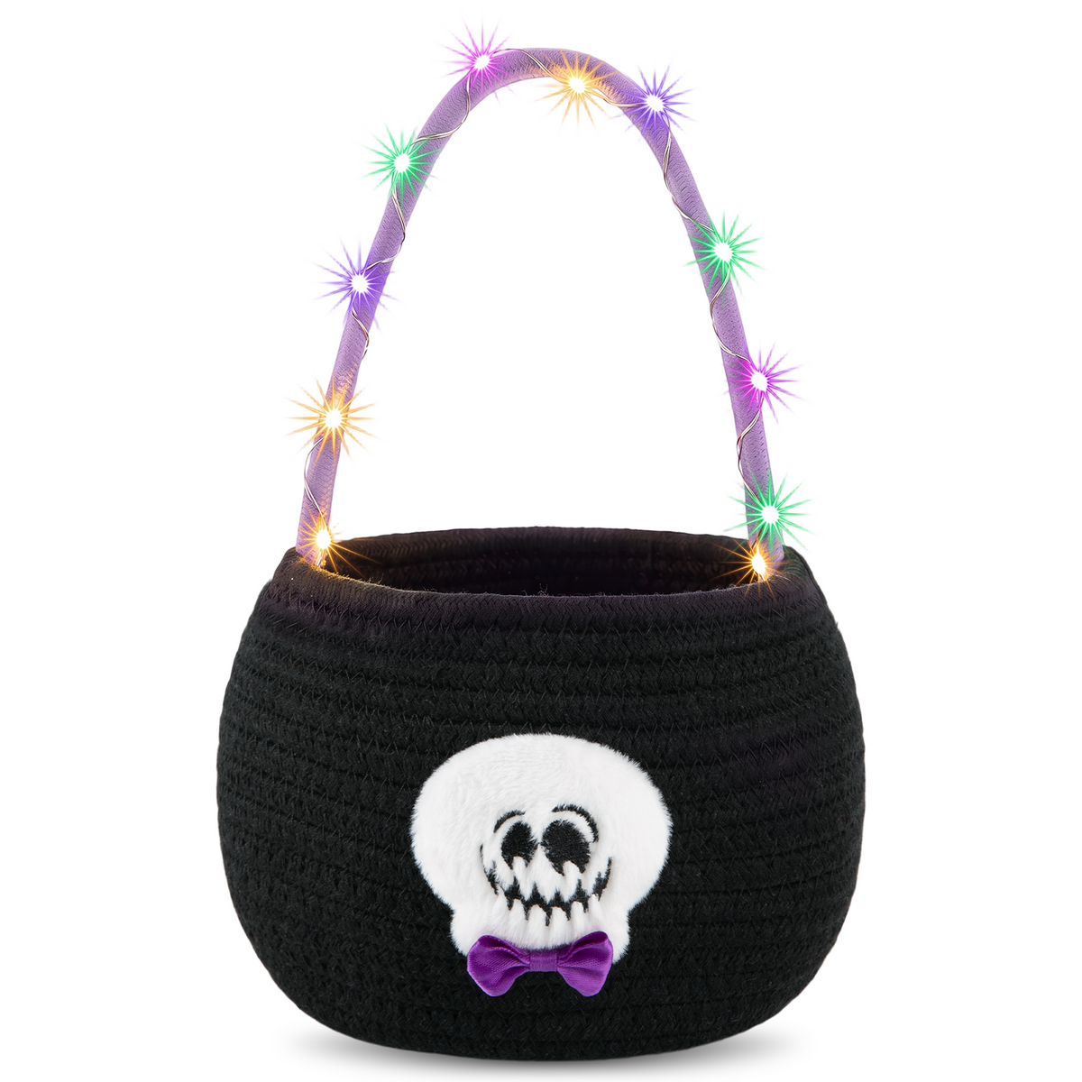 Halloween Trick or Treat Basket for Kids, Light Up Skull Candy Bucket Cute Woven Cotton Rope Boo Basket with Handle, Small Halloween Gift Basket for Party,7.87"x6.5"x5.91", Black