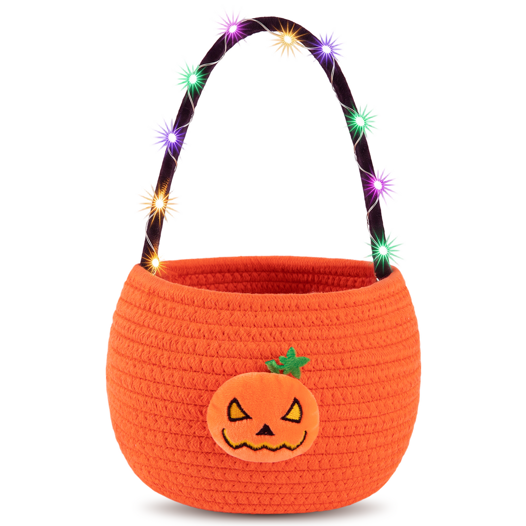 Halloween Trick or Treat Basket for Kids, Light Up Pumpkin Candy Bucket Cute Woven Cotton Rope Boo Basket with Handle, Small Halloween Gift Basket for Party,7.87"x6.5"x5.91" ,Orange