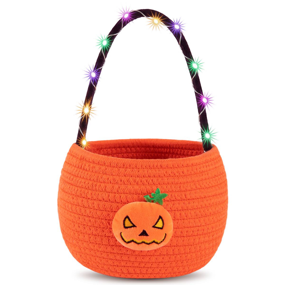 Halloween Trick or Treat Basket for Kids, Light Up Pumpkin Candy Bucket Cute Woven Cotton Rope Boo Basket with Handle, Small Halloween Gift Basket for Party,7.87"x6.5"x5.91" ,Orange