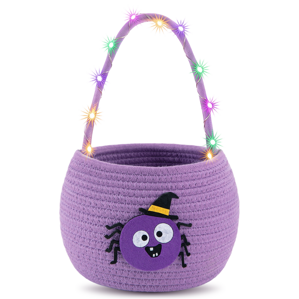 Halloween Trick or Treat Basket for Kids, Light Up Spider Candy Bucket Cute Woven Cotton Rope Boo Basket with Handle, Small Halloween Gift Basket for Party,7.87"x6.5"x5.91", Purple