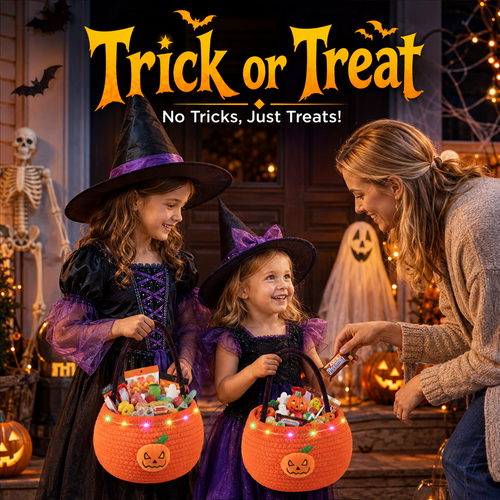 Halloween Trick or Treat Basket for Kid, Light Up Pumpkin Candy Bucket Cute Woven Cotton Rope Boo Basket with Handle, Small Halloween Gift Basket for Party,9.84"x7.87"x6.3", Orange