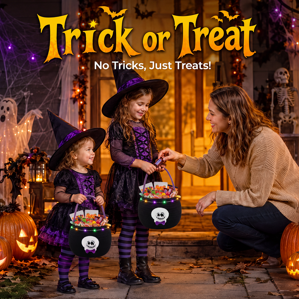 Halloween Trick or Treat Basket for Kids, Light Up Skull Candy Bucket Cute Woven Cotton Rope Boo Basket with Handle, Small Halloween Gift Basket for Party,7.87"x6.5"x5.91", Black