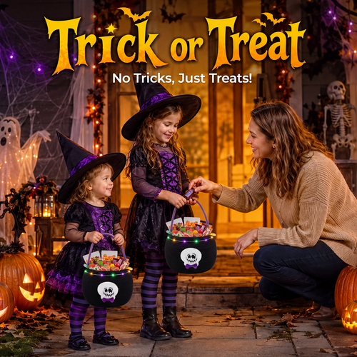 Halloween Trick or Treat Basket for Kids, Light Up Skull Candy Bucket Cute Woven Cotton Rope Boo Basket with Handle, Small Halloween Gift Basket for Party,7.87"x6.5"x5.91", Black