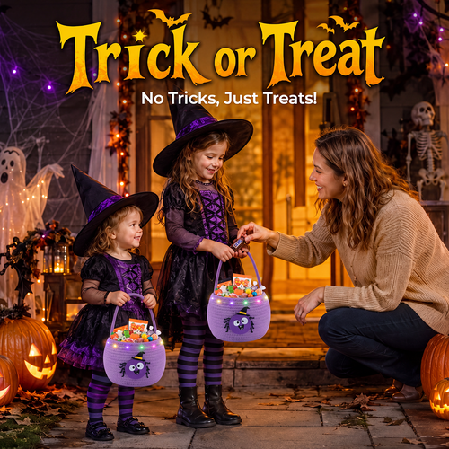 Halloween Trick or Treat Basket for Kids, Light Up Spider Candy Bucket Cute Woven Cotton Rope Boo Basket with Handle, Small Halloween Gift Basket for Party,7.87"x6.5"x5.91", Purple