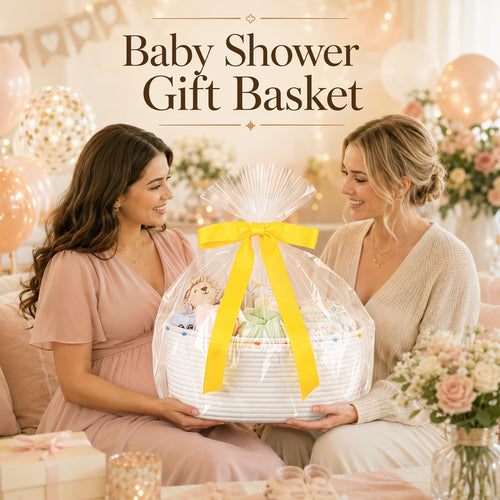 Large Gift Basket Empty for Baby Shower, Birthday, Wedding, Festival, White | Cotton Rope Storage Basket with Pom Pom Edge, Ribbon, Gift Bag, Decorative Toy Bin for Nursery, Shelf, 15.35''x11.42''x6.69''