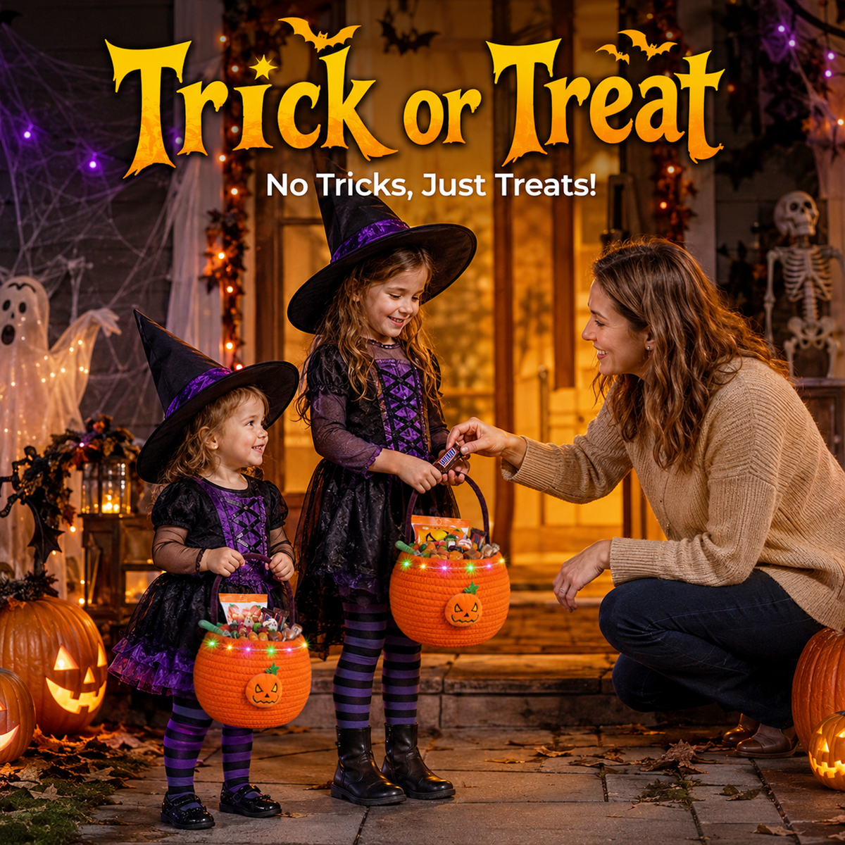 Halloween Trick or Treat Basket for Kids, Light Up Pumpkin Candy Bucket Cute Woven Cotton Rope Boo Basket with Handle, Small Halloween Gift Basket for Party,7.87"x6.5"x5.91" ,Orange