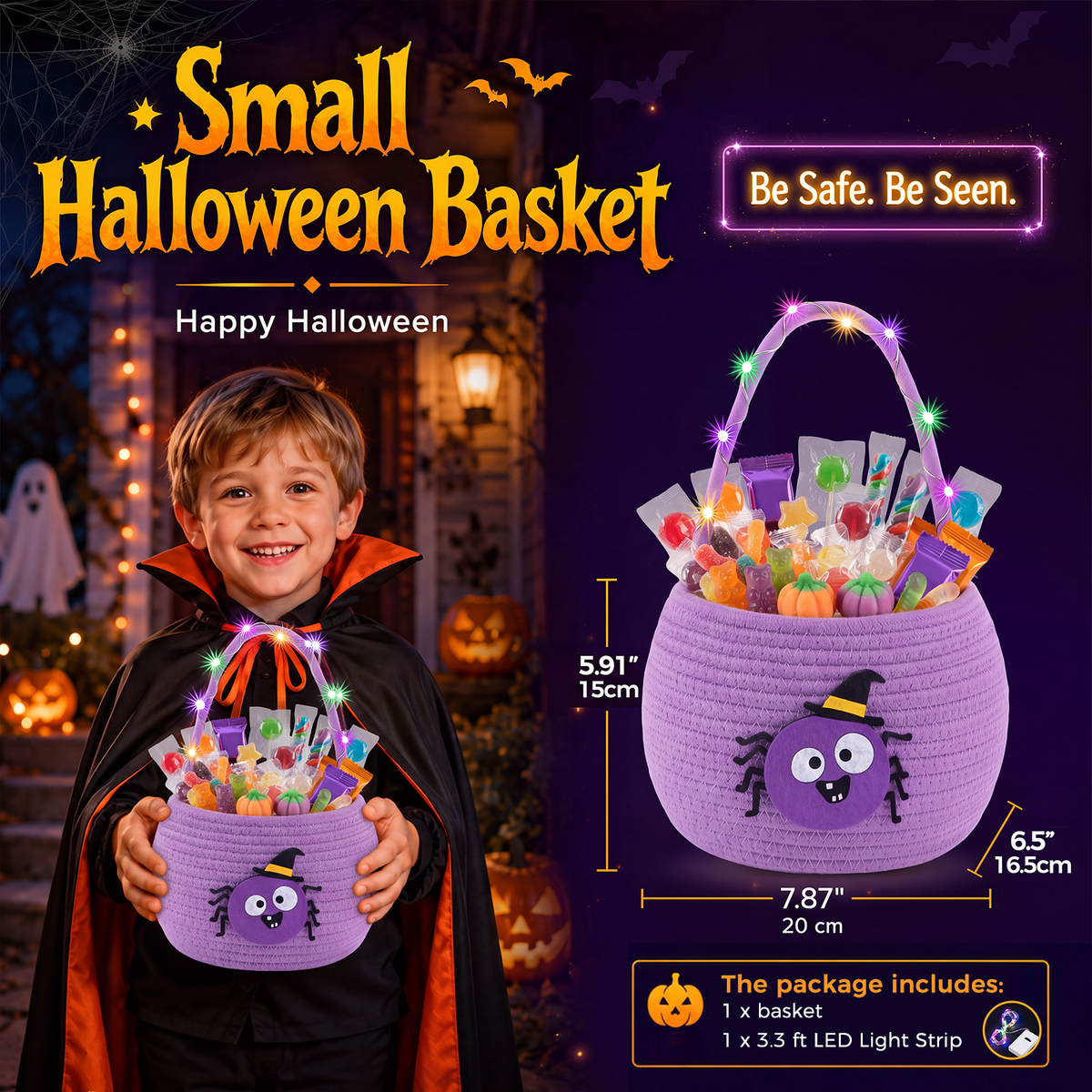 Halloween Trick or Treat Basket for Kids, Light Up Spider Candy Bucket Cute Woven Cotton Rope Boo Basket with Handle, Small Halloween Gift Basket for Party,7.87"x6.5"x5.91", Purple