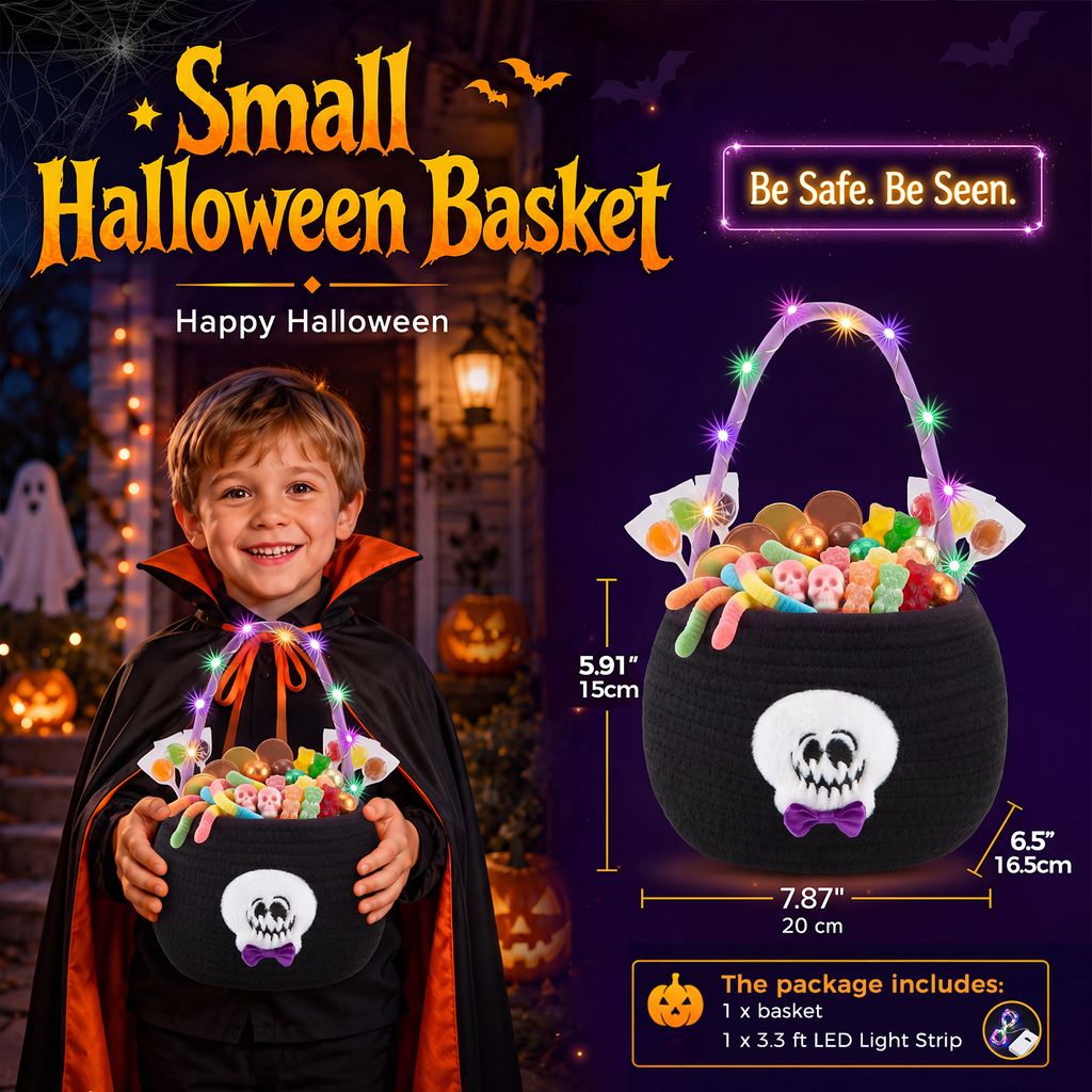 Halloween Trick or Treat Basket for Kids, Light Up Skull Candy Bucket Cute Woven Cotton Rope Boo Basket with Handle, Small Halloween Gift Basket for Party,7.87"x6.5"x5.91", Black