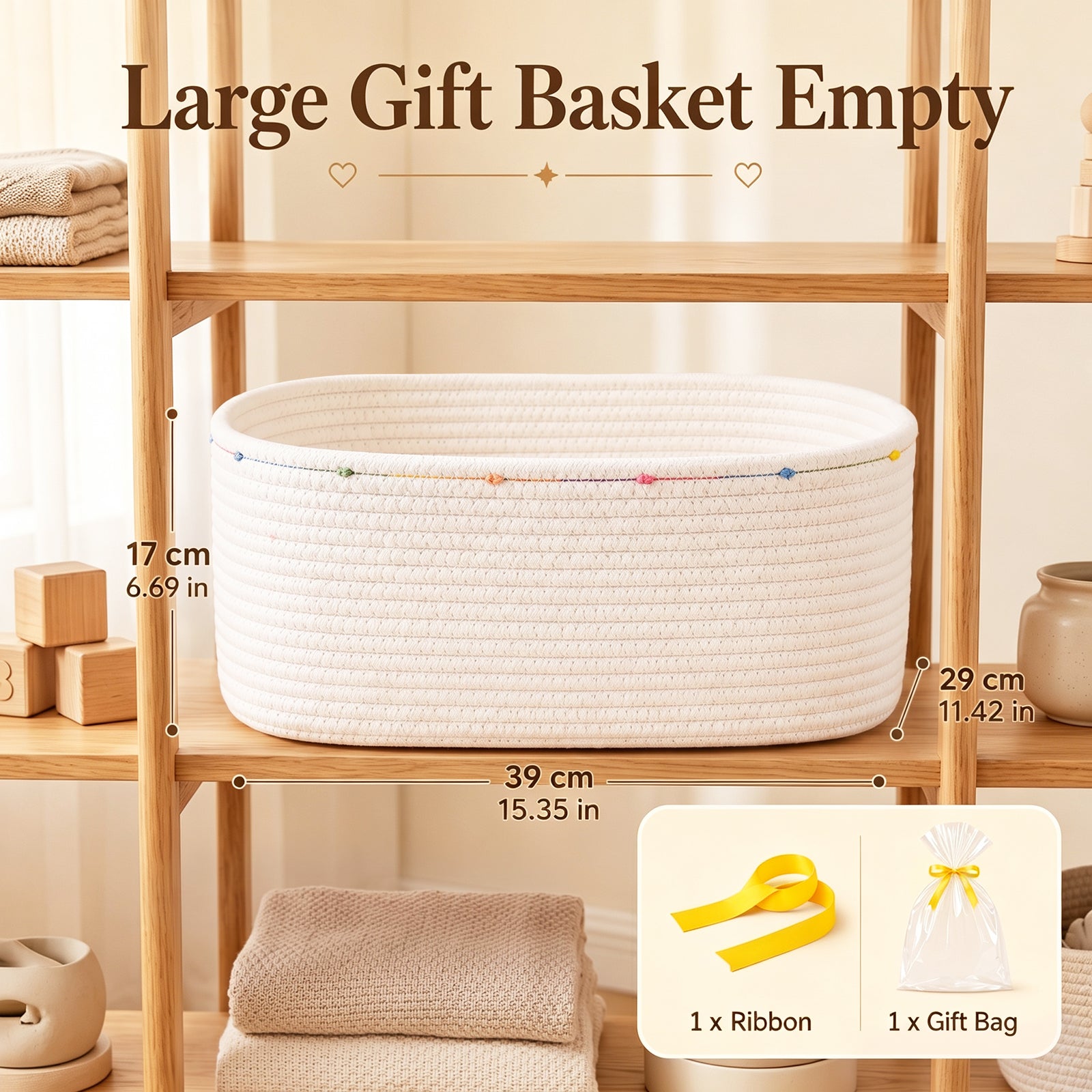 Large Gift Basket Empty for Baby Shower, Birthday, Wedding, Festival, White | Cotton Rope Storage Basket with Pom Pom Edge, Ribbon, Gift Bag, Decorative Toy Bin for Nursery, Shelf, 15.35''x11.42''x6.69''