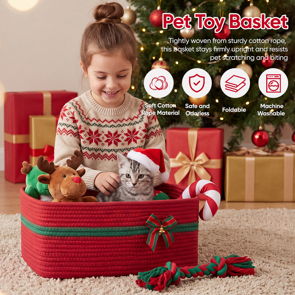Large Christmas Gift Basket Empty with Gift Bag, Ribbon, 16.9x12.6X7in,Red Basket for Gift with Handles, Decorative Woven Basket with Bow and Bell, Holiday Gift Basket for Friend & Family