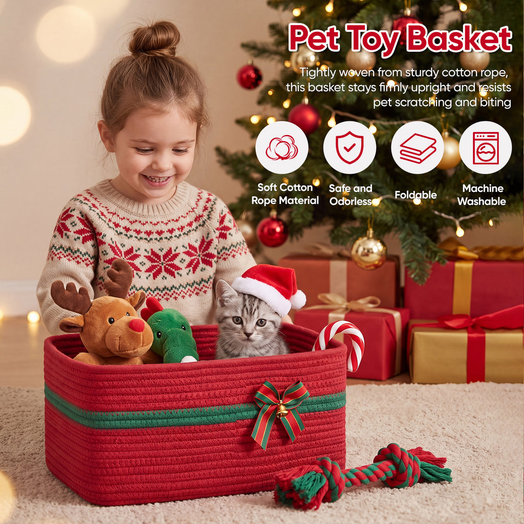 Large Christmas Gift Basket Empty with Gift Bag,Ribbon,15x11.4X 6.7in, Red Basket for Gift with Handles, Decorative Woven Basket with Bow and Bell, Holiday Gift Basket for Friend & Family