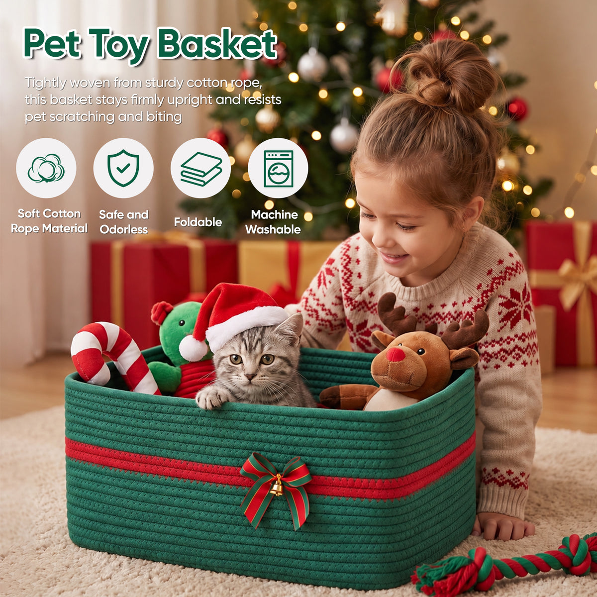Large Christmas Gift Basket Empty with Gift Bag,Ribbon,16.9x12.6X7in, Green Basket for Gift with Handles, Decorative Woven Basket with Bow and Bell, Holiday Gift Basket for Friend & Family