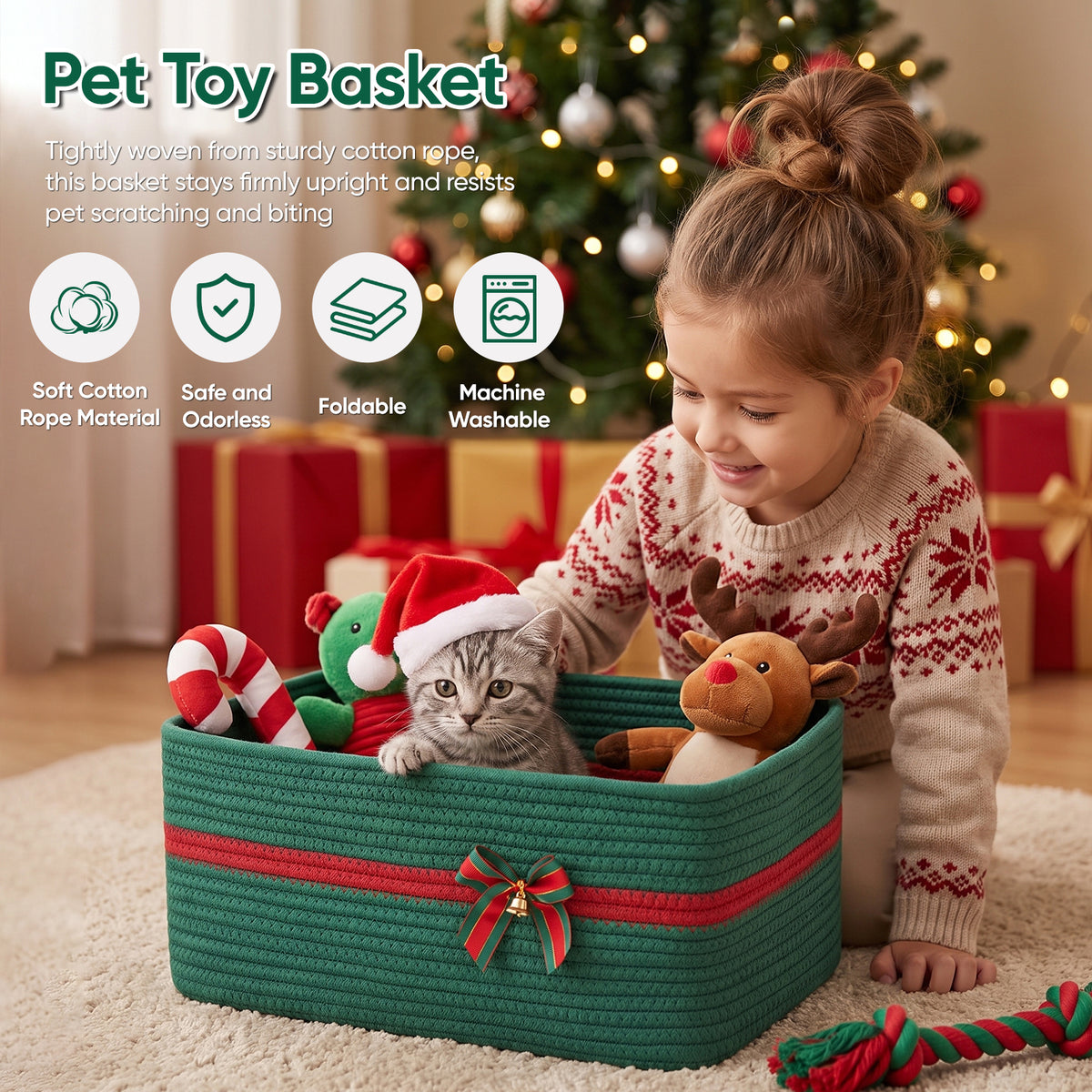 Large Christmas Gift Basket Empty with Gift Bag,Ribbon,15x11.4X 6.7in,Green Basket for Gift with Handles, Decorative Woven Basket with Bow and Bell, Holiday Gift Basket for Friend & Family