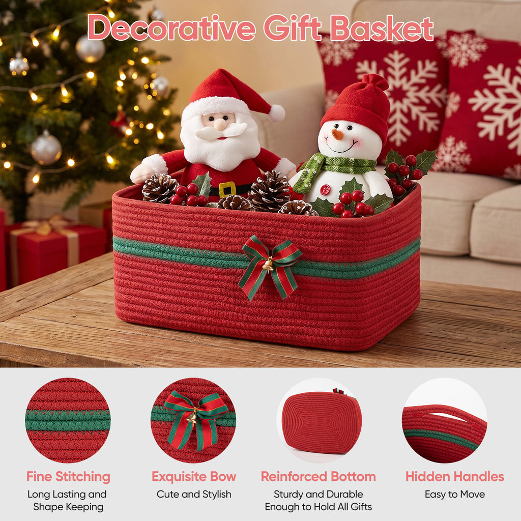Large Christmas Gift Basket Empty with Gift Bag,Ribbon,15x11.4X 6.7in, Red Basket for Gift with Handles, Decorative Woven Basket with Bow and Bell, Holiday Gift Basket for Friend & Family
