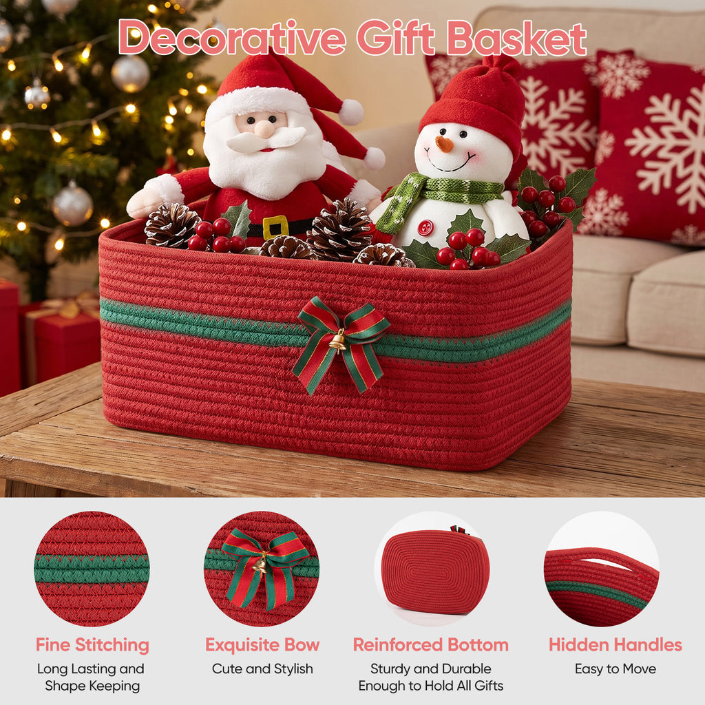Large Christmas Gift Basket Empty with Gift Bag, Ribbon, 16.9x12.6X7in,Red Basket for Gift with Handles, Decorative Woven Basket with Bow and Bell, Holiday Gift Basket for Friend & Family