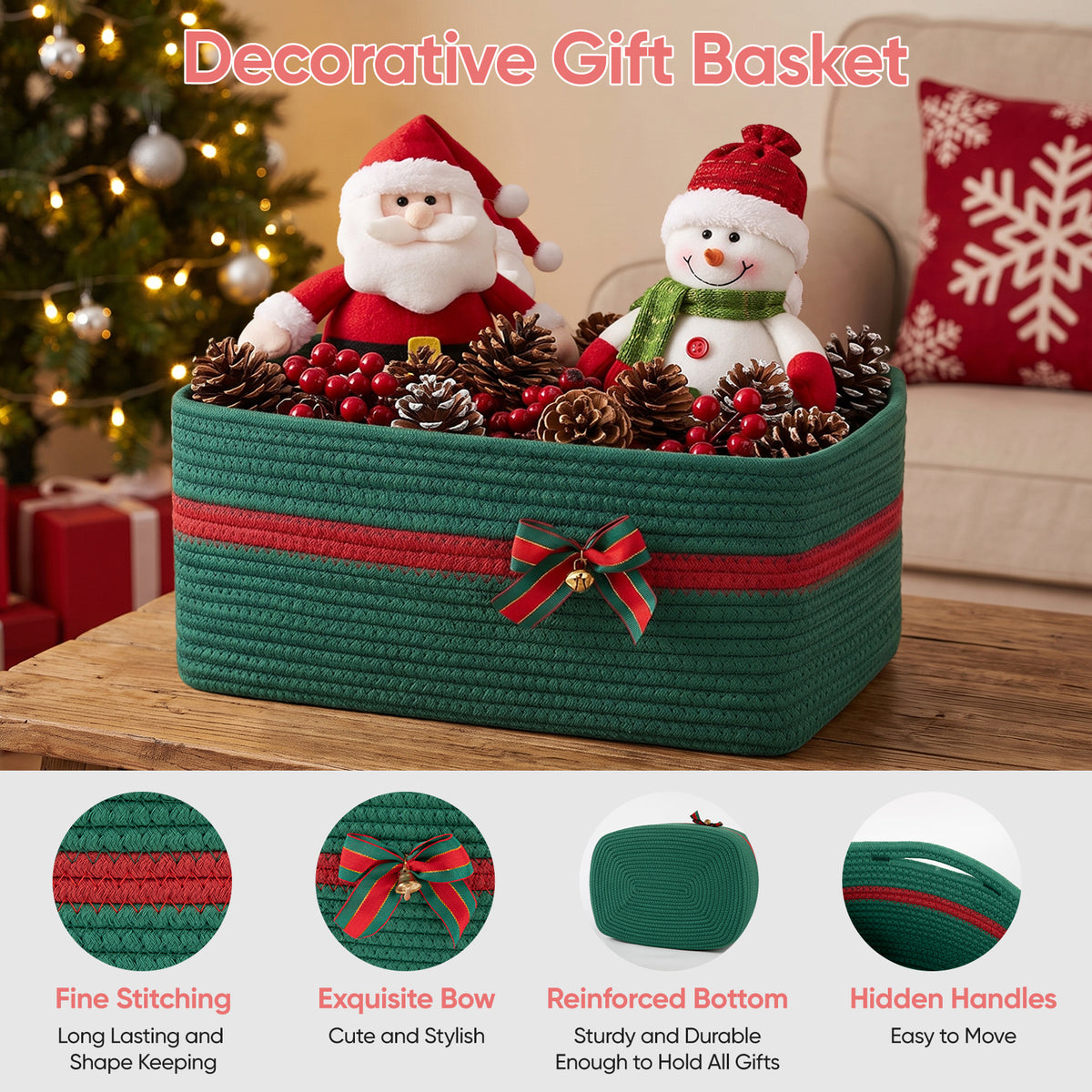 Large Christmas Gift Basket Empty with Gift Bag,Ribbon,16.9x12.6X7in, Green Basket for Gift with Handles, Decorative Woven Basket with Bow and Bell, Holiday Gift Basket for Friend & Family