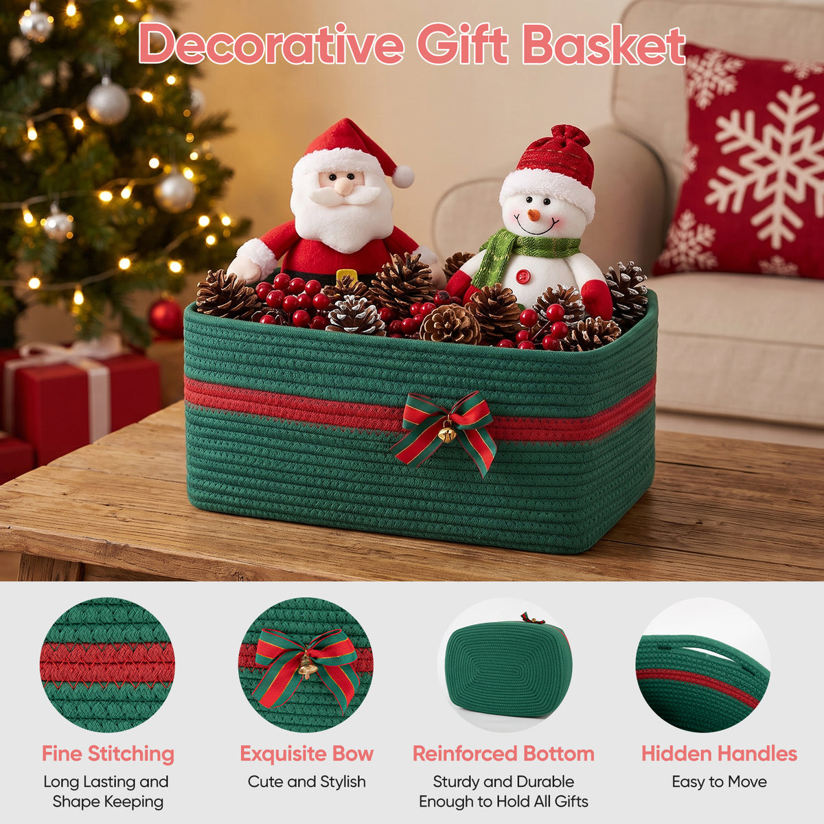 Large Christmas Gift Basket Empty with Gift Bag,Ribbon,15x11.4X 6.7in,Green Basket for Gift with Handles, Decorative Woven Basket with Bow and Bell, Holiday Gift Basket for Friend & Family