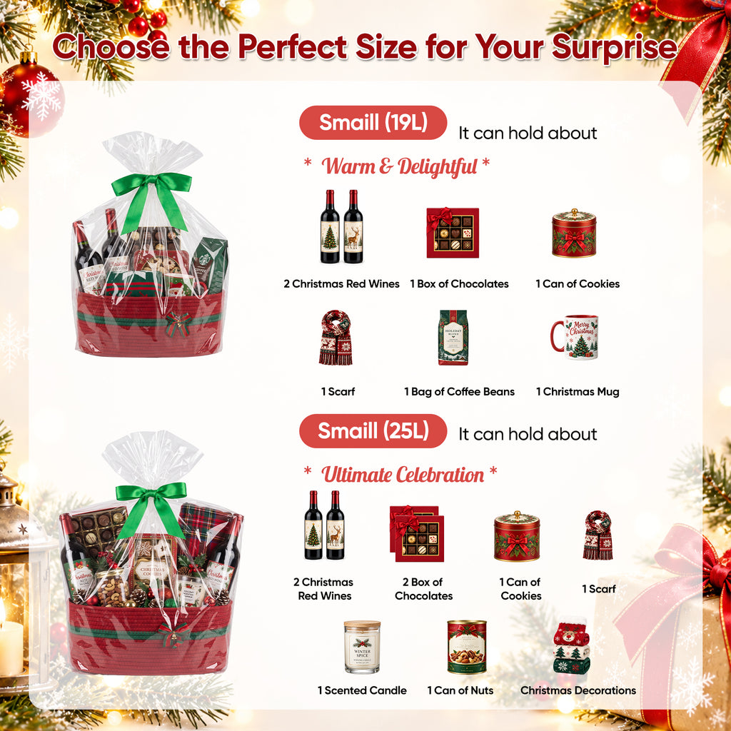 Large Christmas Gift Basket Empty with Gift Bag, Ribbon, 16.9x12.6X7in,Red Basket for Gift with Handles, Decorative Woven Basket with Bow and Bell, Holiday Gift Basket for Friend & Family