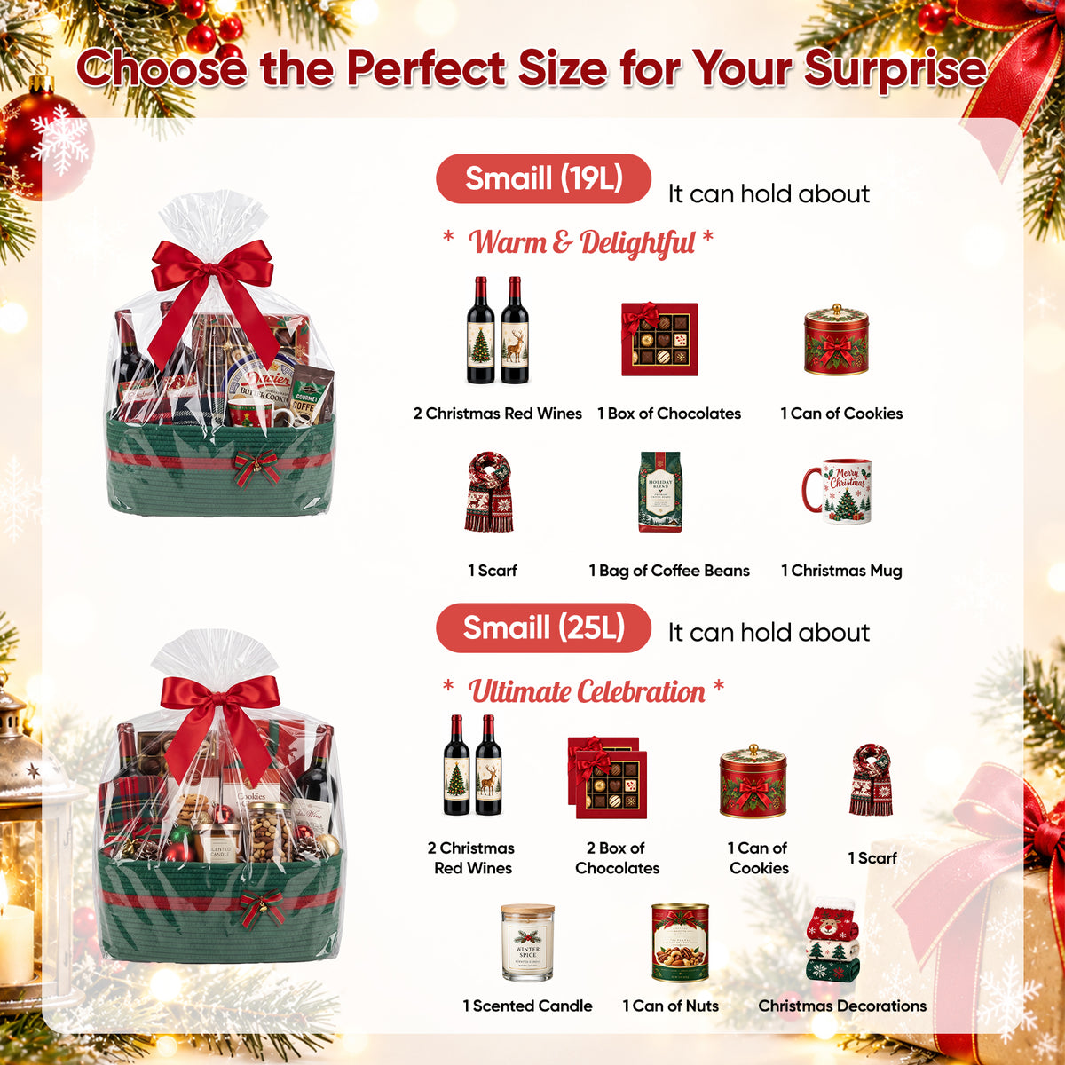 Large Christmas Gift Basket Empty with Gift Bag,Ribbon,16.9x12.6X7in, Green Basket for Gift with Handles, Decorative Woven Basket with Bow and Bell, Holiday Gift Basket for Friend & Family