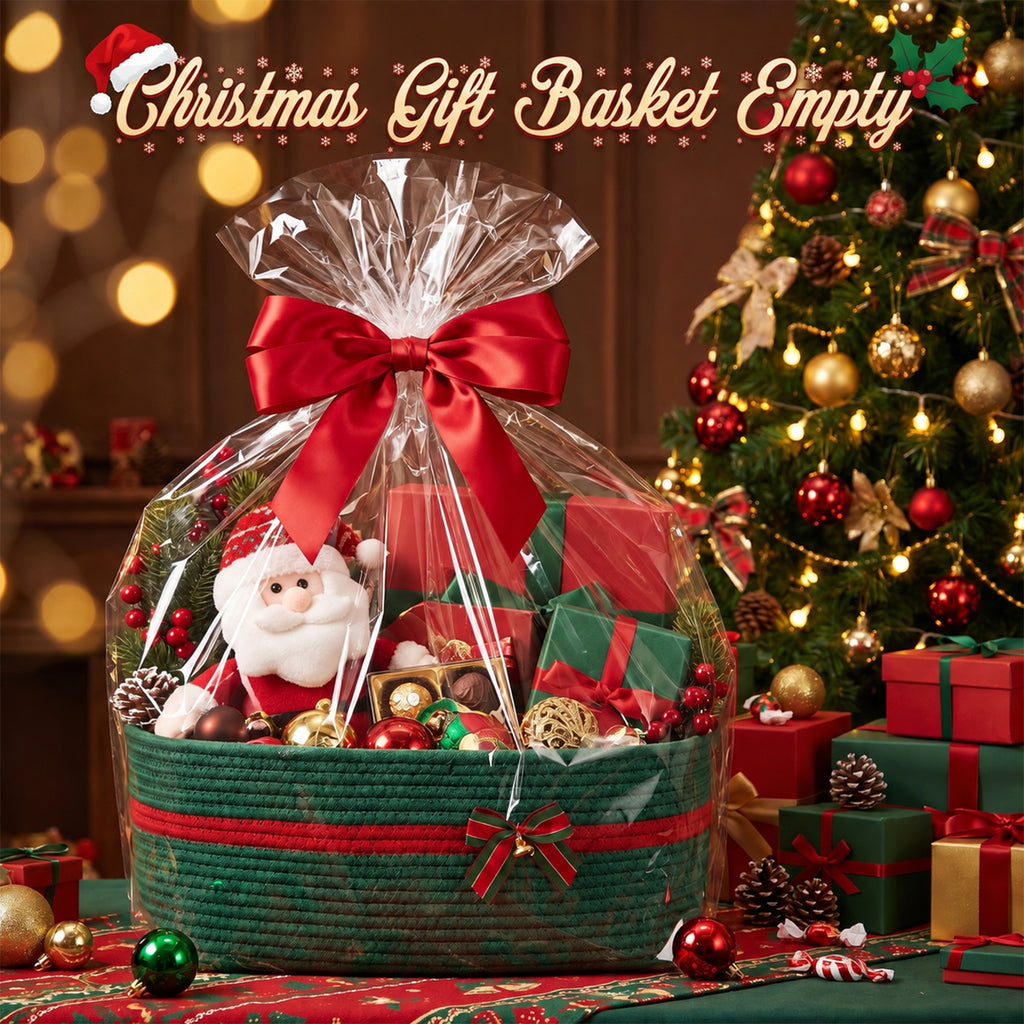 Large Christmas Gift Basket Empty with Gift Bag,Ribbon,16.9x12.6X7in, Green Basket for Gift with Handles, Decorative Woven Basket with Bow and Bell, Holiday Gift Basket for Friend & Family