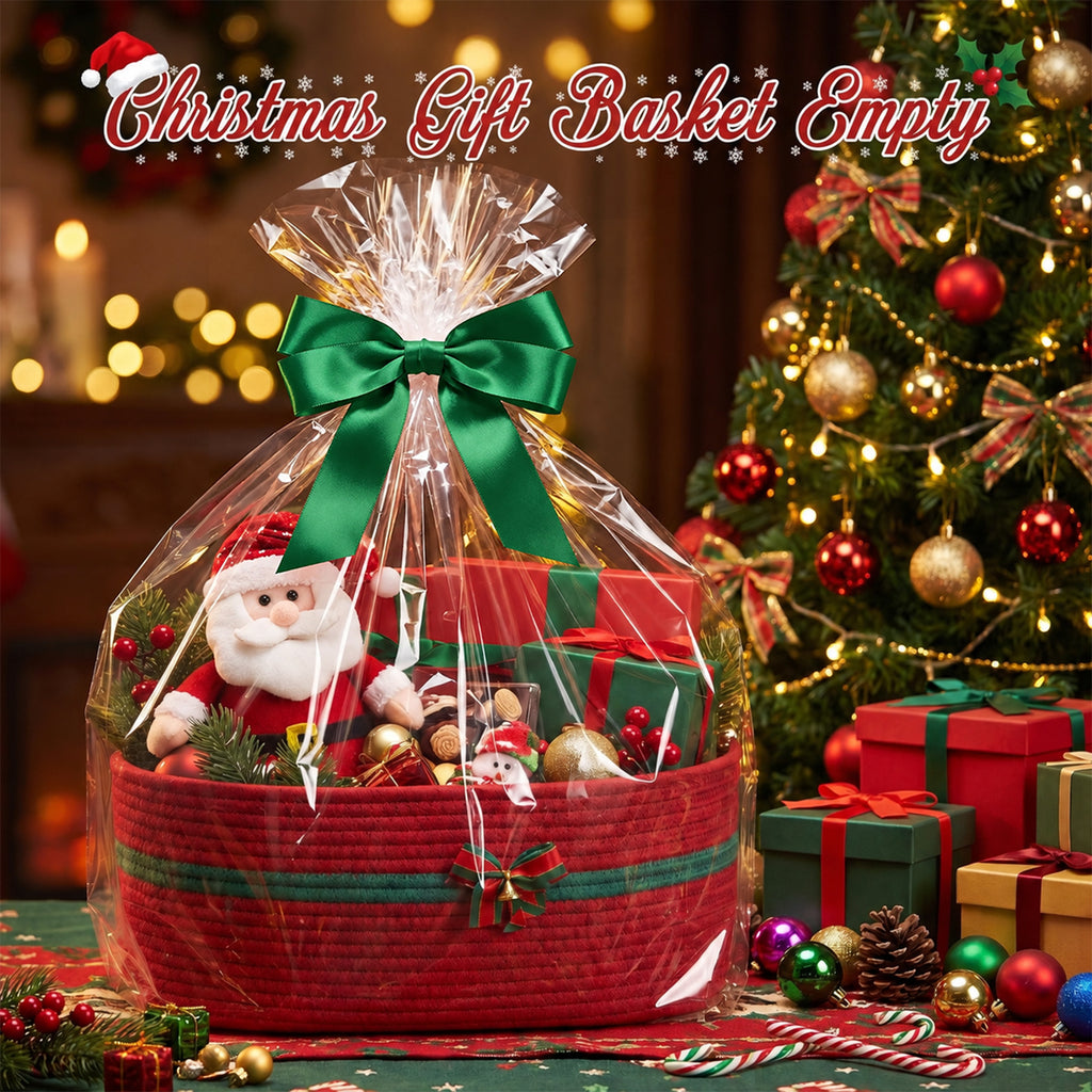 Large Christmas Gift Basket Empty with Gift Bag, Ribbon, 16.9x12.6X7in,Red Basket for Gift with Handles, Decorative Woven Basket with Bow and Bell, Holiday Gift Basket for Friend & Family