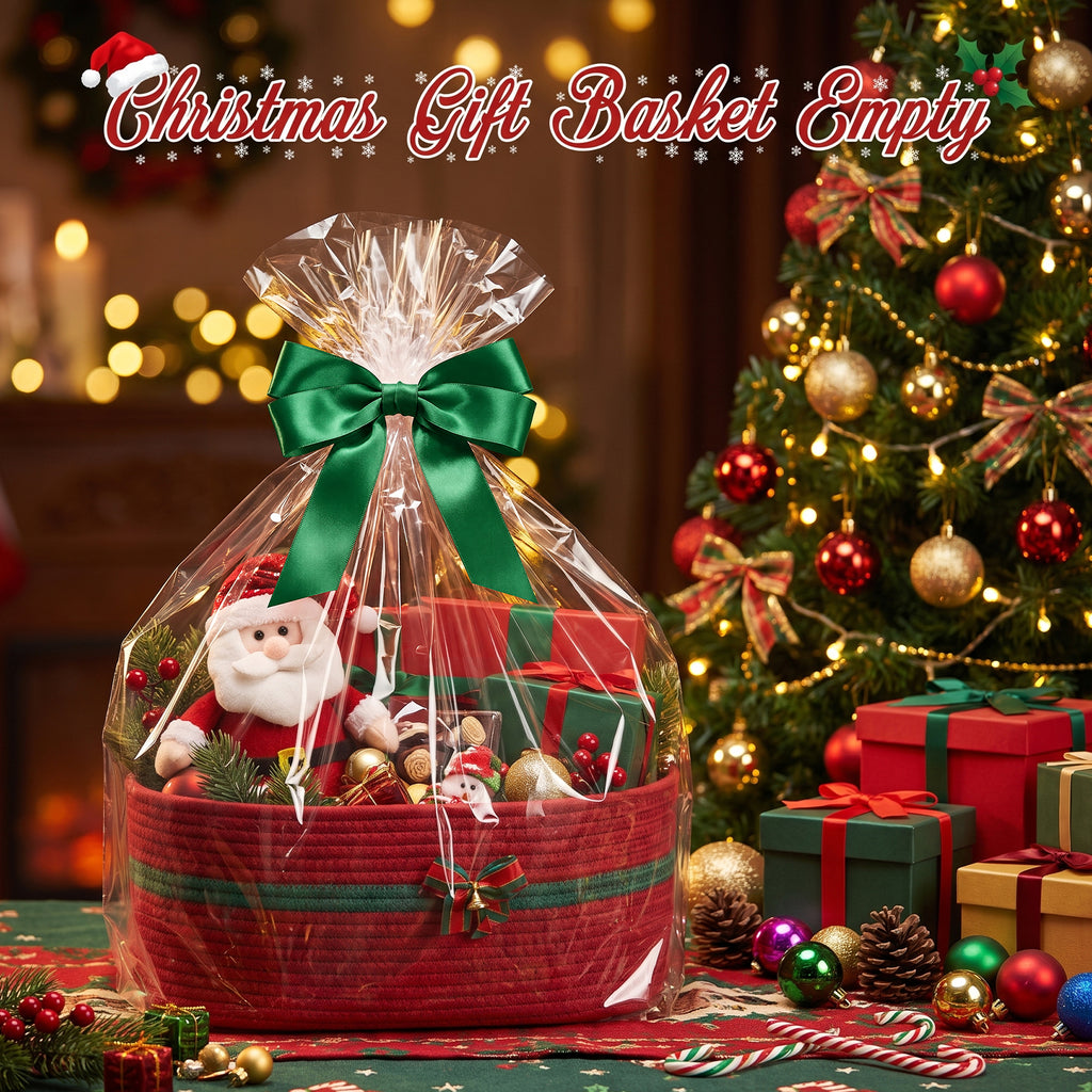 Large Christmas Gift Basket Empty with Gift Bag,Ribbon,15x11.4X 6.7in, Red Basket for Gift with Handles, Decorative Woven Basket with Bow and Bell, Holiday Gift Basket for Friend & Family