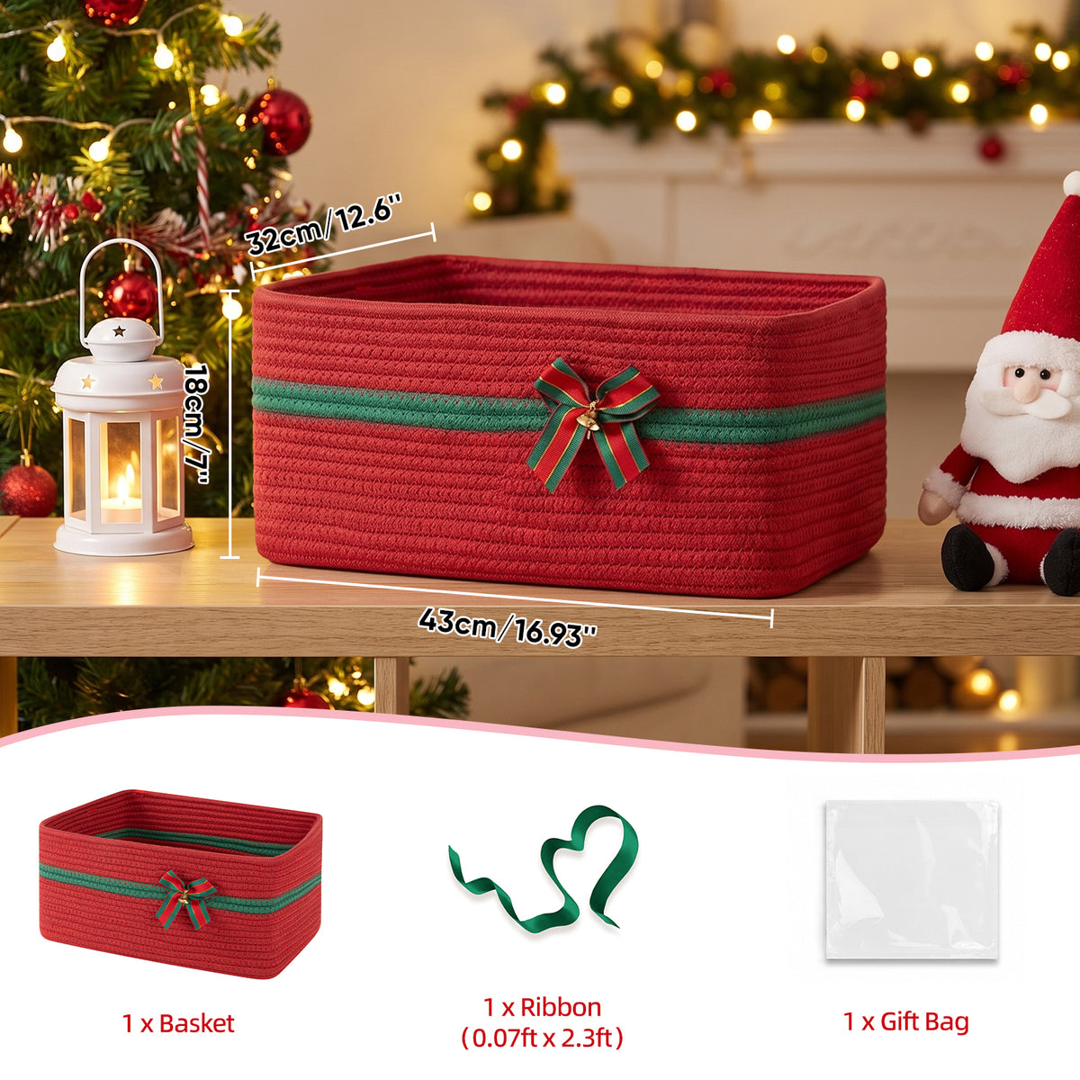 Large Christmas Gift Basket Empty with Gift Bag, Ribbon, 16.9x12.6X7in,Red Basket for Gift with Handles, Decorative Woven Basket with Bow and Bell, Holiday Gift Basket for Friend & Family
