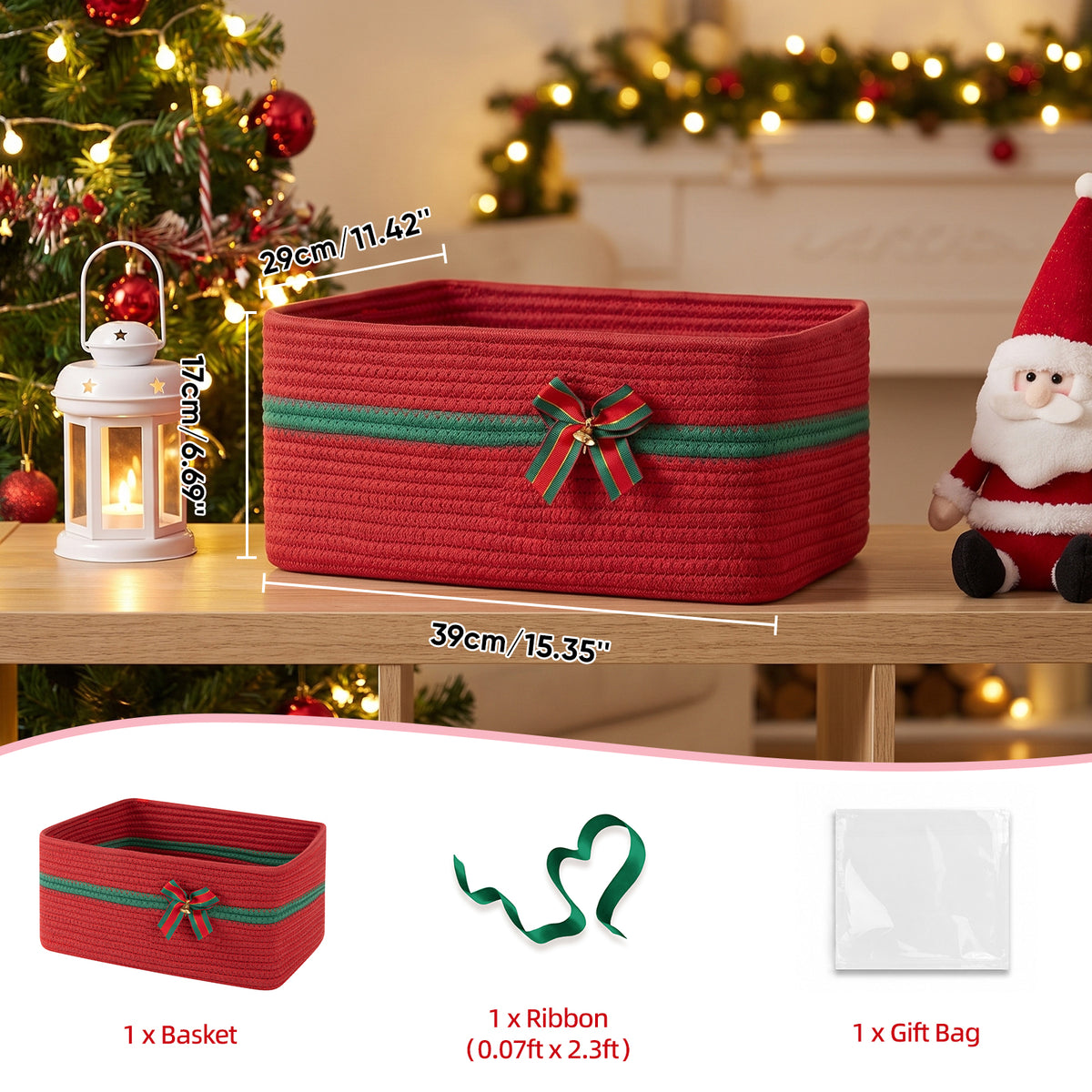 Large Christmas Gift Basket Empty with Gift Bag,Ribbon,15x11.4X 6.7in, Red Basket for Gift with Handles, Decorative Woven Basket with Bow and Bell, Holiday Gift Basket for Friend & Family