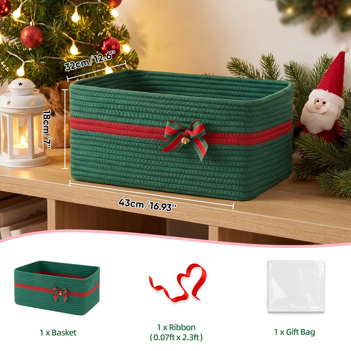 Large Christmas Gift Basket Empty with Gift Bag,Ribbon,16.9x12.6X7in, Green Basket for Gift with Handles, Decorative Woven Basket with Bow and Bell, Holiday Gift Basket for Friend & Family