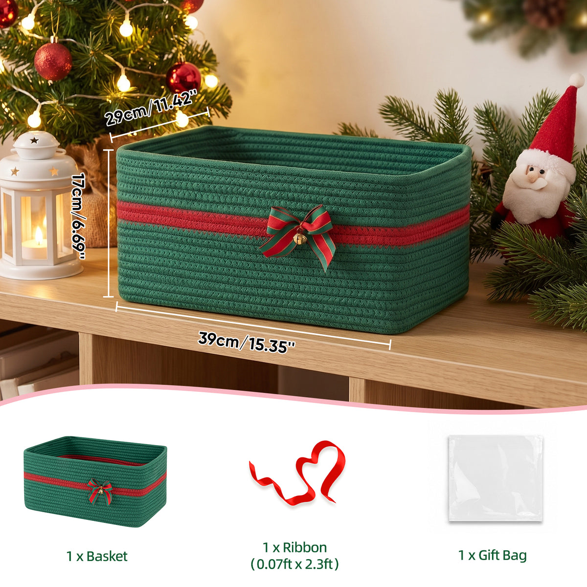 Large Christmas Gift Basket Empty with Gift Bag,Ribbon,15x11.4X 6.7in,Green Basket for Gift with Handles, Decorative Woven Basket with Bow and Bell, Holiday Gift Basket for Friend & Family