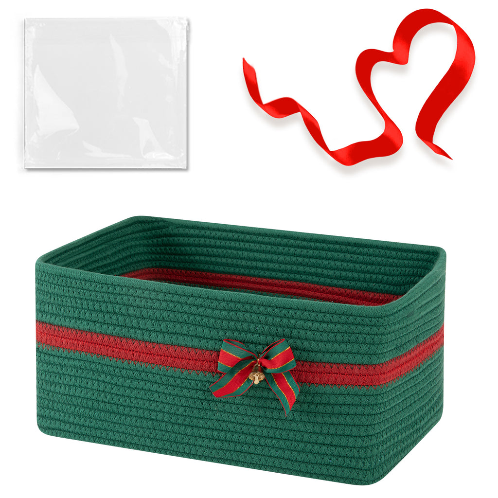 Large Christmas Gift Basket Empty with Gift Bag,Ribbon,15x11.4X 6.7in,Green Basket for Gift with Handles, Decorative Woven Basket with Bow and Bell, Holiday Gift Basket for Friend & Family