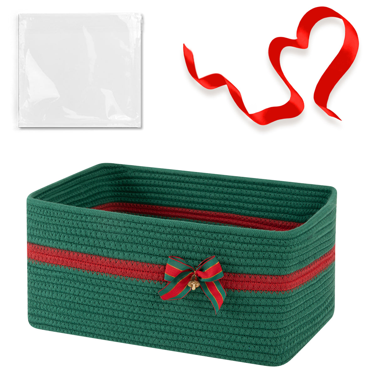 Large Christmas Gift Basket Empty with Gift Bag,Ribbon,16.9x12.6X7in, Green Basket for Gift with Handles, Decorative Woven Basket with Bow and Bell, Holiday Gift Basket for Friend & Family