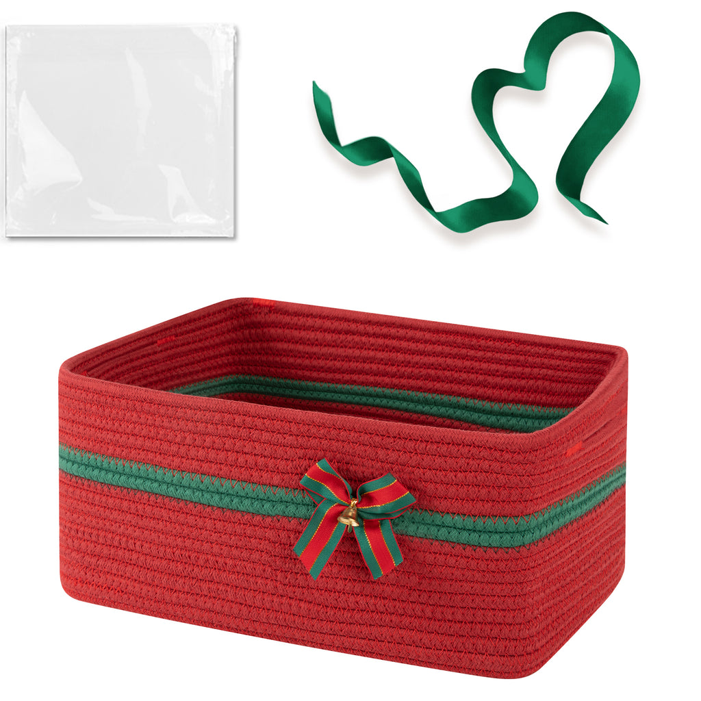 Large Christmas Gift Basket Empty with Gift Bag,Ribbon,15x11.4X 6.7in, Red Basket for Gift with Handles, Decorative Woven Basket with Bow and Bell, Holiday Gift Basket for Friend & Family