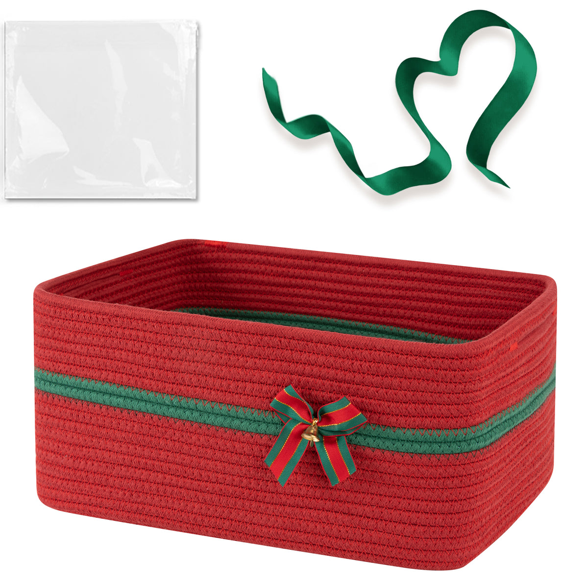 Large Christmas Gift Basket Empty with Gift Bag, Ribbon, 16.9x12.6X7in,Red Basket for Gift with Handles, Decorative Woven Basket with Bow and Bell, Holiday Gift Basket for Friend & Family