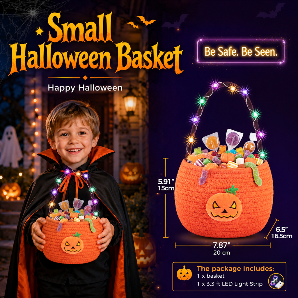 Halloween Trick or Treat Basket for Kids, Light Up Pumpkin Candy Bucket Cute Woven Cotton Rope Boo Basket with Handle, Small Halloween Gift Basket for Party,7.87"x6.5"x5.91" ,Orange