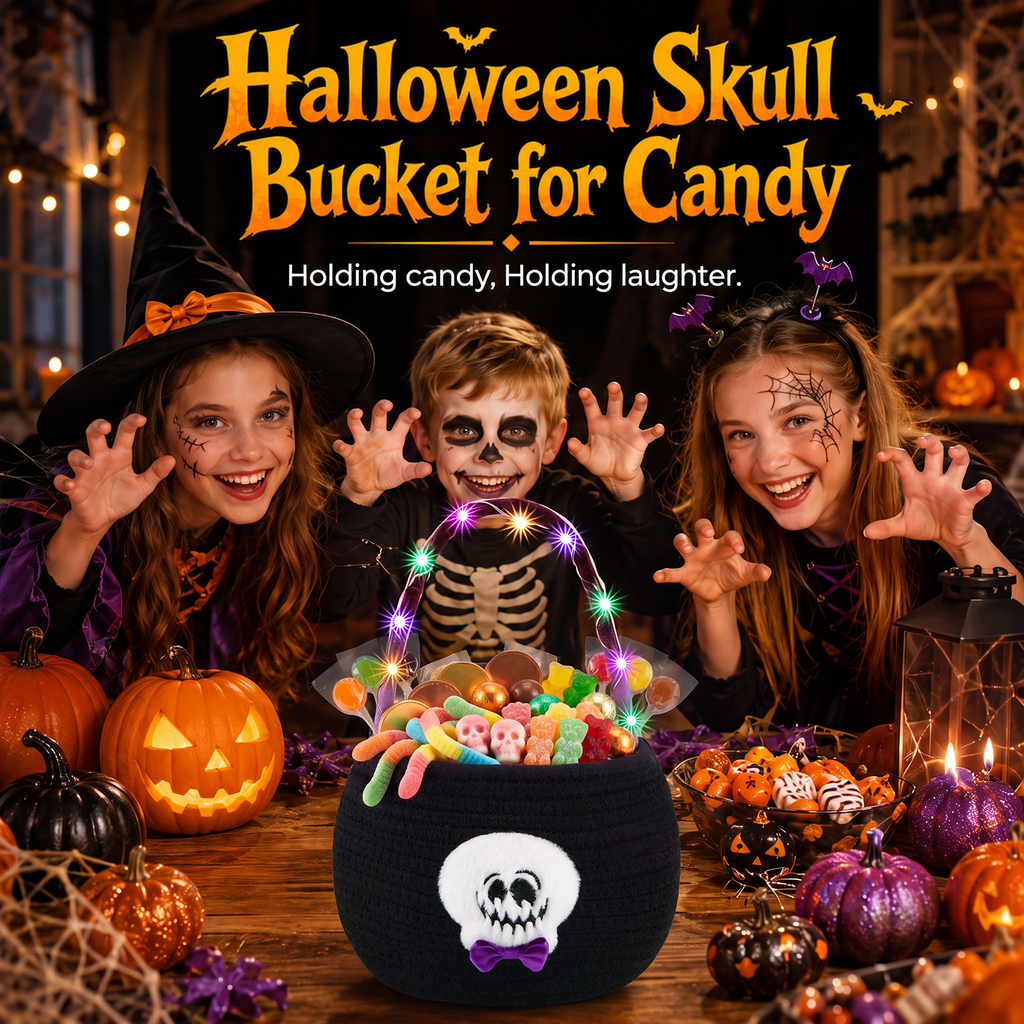 Halloween Trick or Treat Basket for Kids, Light Up Skull Candy Bucket Cute Woven Cotton Rope Boo Basket with Handle, Small Halloween Gift Basket for Party,7.87"x6.5"x5.91", Black