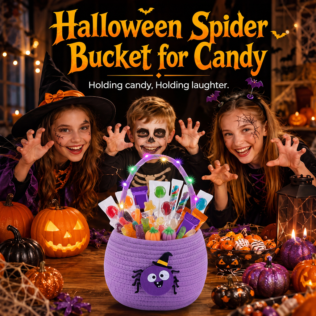 Halloween Trick or Treat Basket for Kids, Light Up Spider Candy Bucket Cute Woven Cotton Rope Boo Basket with Handle, Small Halloween Gift Basket for Party,7.87"x6.5"x5.91", Purple