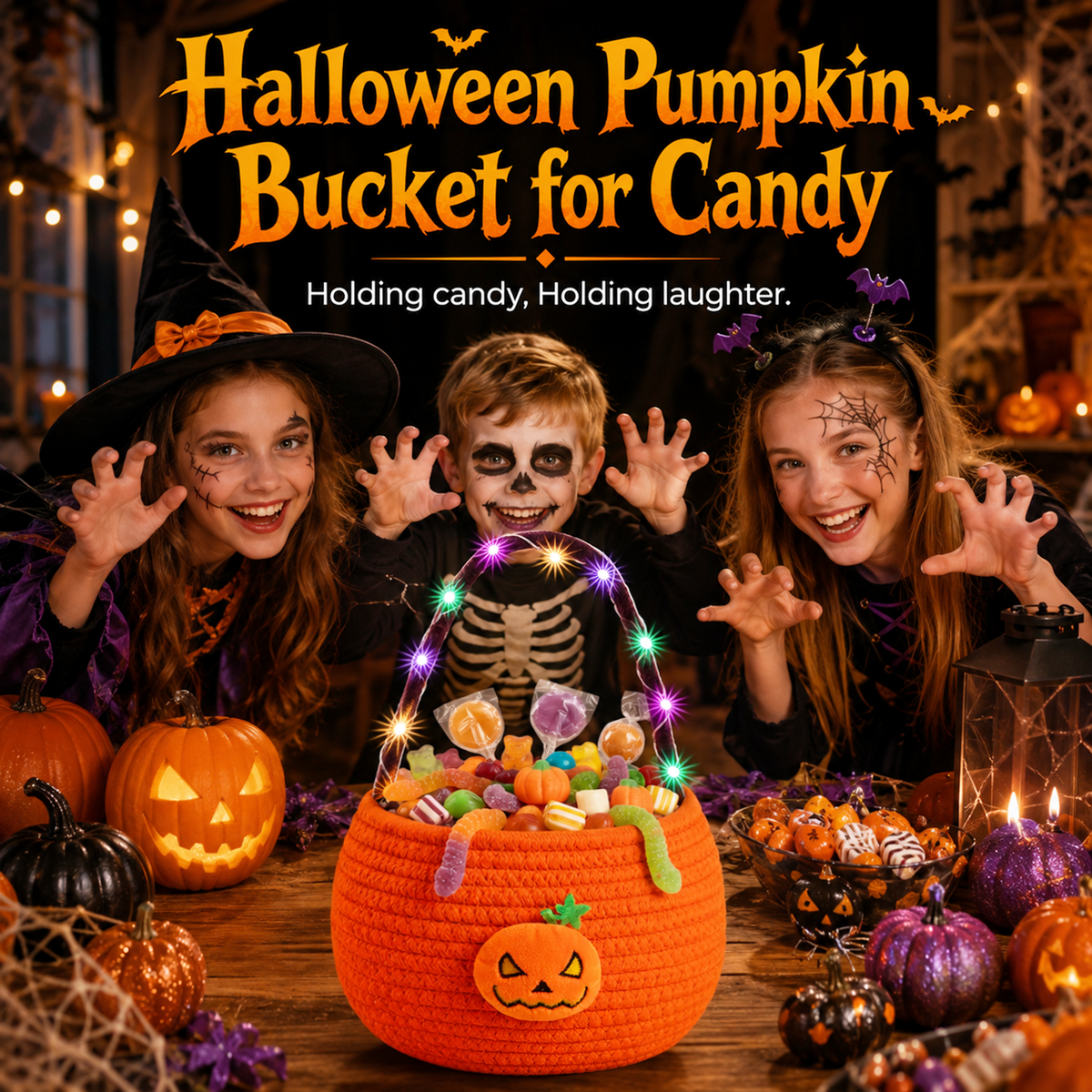 Halloween Trick or Treat Basket for Kid, Light Up Pumpkin Candy Bucket Cute Woven Cotton Rope Boo Basket with Handle, Small Halloween Gift Basket for Party,9.84"x7.87"x6.3", Orange