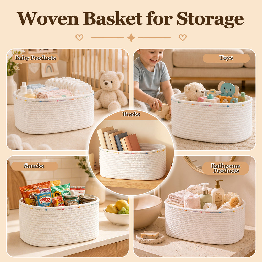 Large Gift Basket Empty for Baby Shower, Birthday, Wedding, Festival, White | Cotton Rope Storage Basket with Pom Pom Edge, Ribbon, Gift Bag, Decorative Toy Bin for Nursery, Shelf, 15.35''x11.42''x6.69''