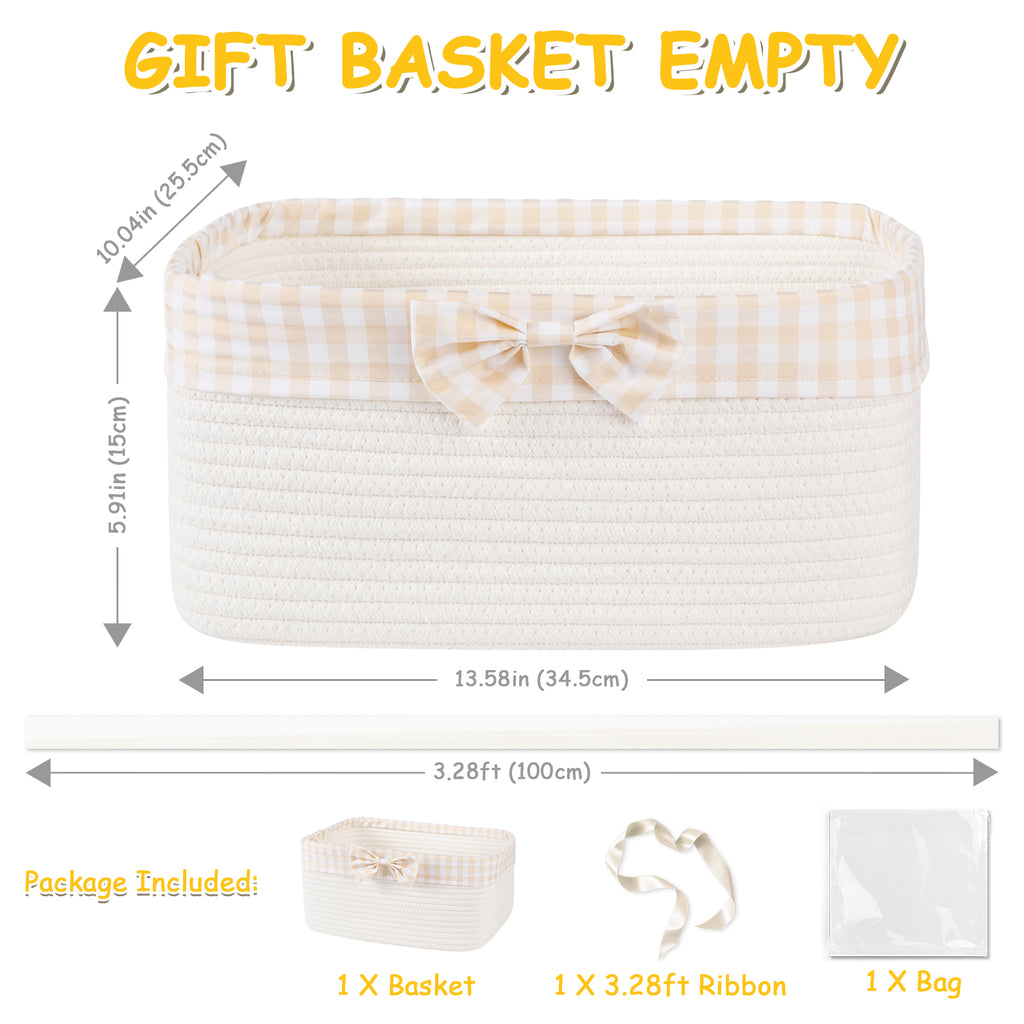 OIASKET Basket for Gifts Empty, Large Gift Basket 13L with Gift Bag and Ribbon, Woven Cotton Basket for Baby Showers, Birthday, Wedding,13.58"x10"x5.9", White and Cream