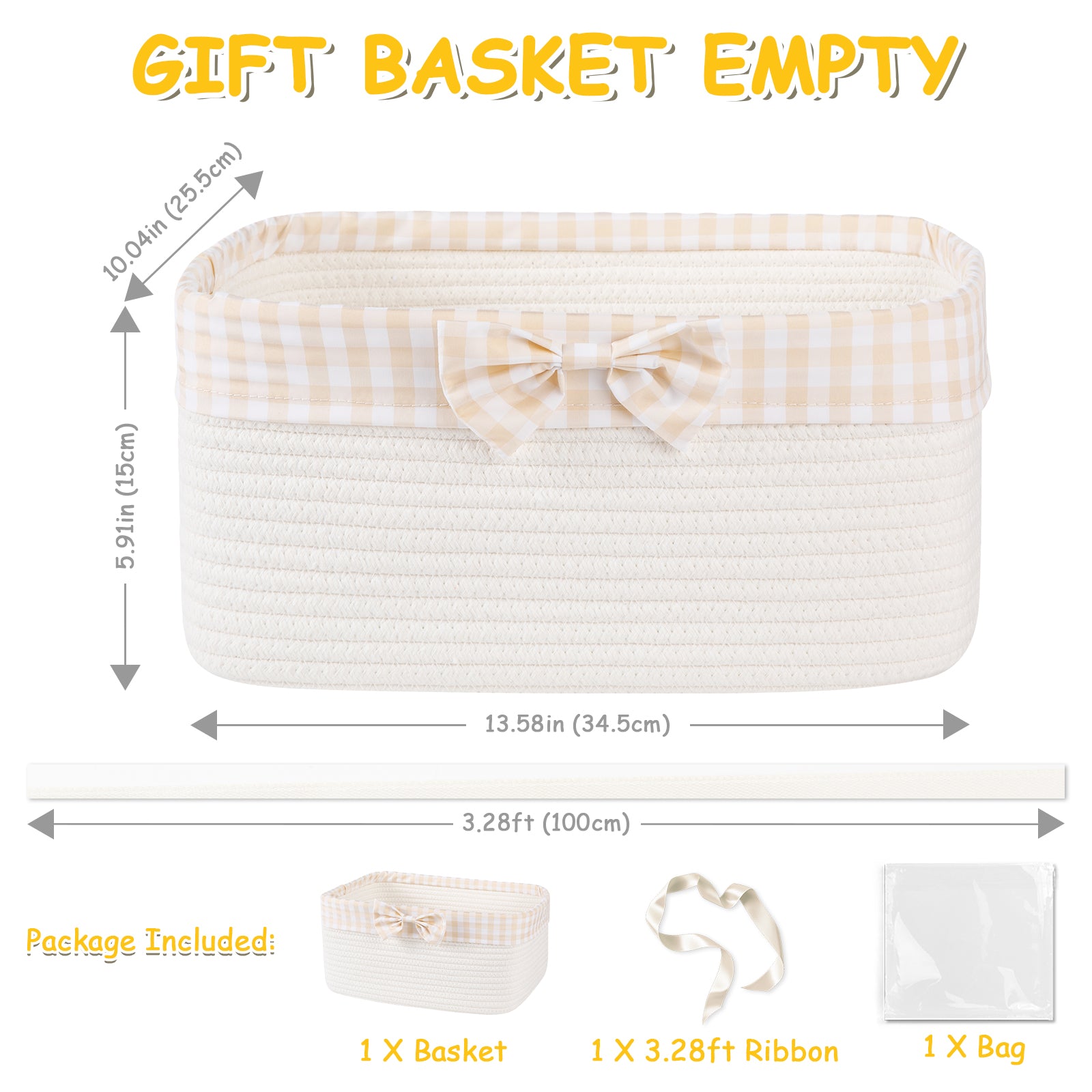 OIASKET Basket for Gifts Empty, Large Gift Basket 13L with Gift Bag and Ribbon, Woven Cotton Basket for Baby Showers, Birthday, Wedding,13.58"x10"x5.9", White and Cream
