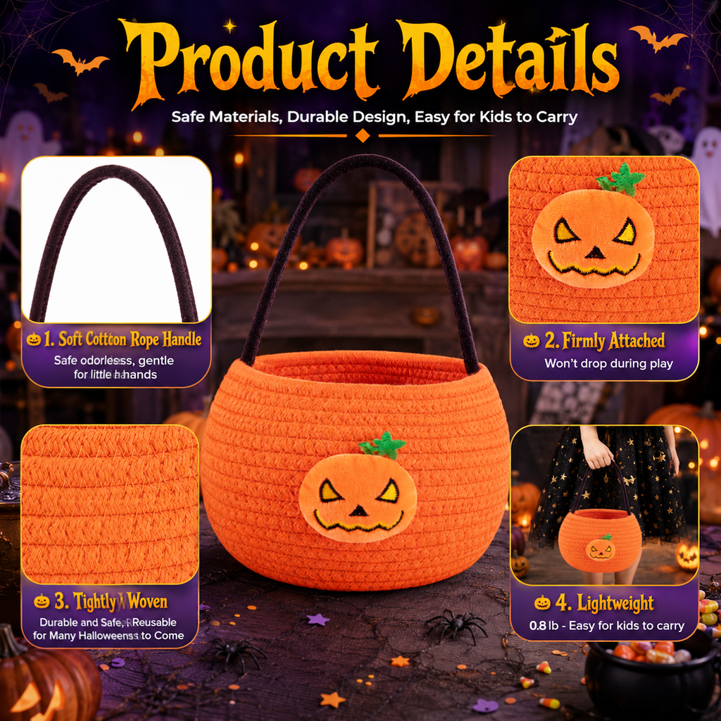 Halloween Trick or Treat Basket for Kid, Light Up Pumpkin Candy Bucket Cute Woven Cotton Rope Boo Basket with Handle, Small Halloween Gift Basket for Party,9.84"x7.87"x6.3", Orange