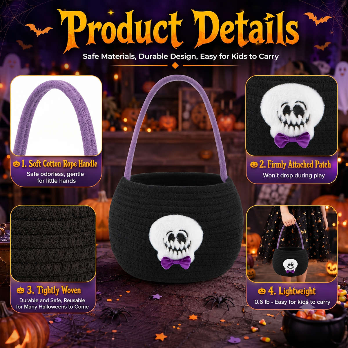 Halloween Trick or Treat Basket for Kids, Light Up Skull Candy Bucket Cute Woven Cotton Rope Boo Basket with Handle, Small Halloween Gift Basket for Party,7.87"x6.5"x5.91", Black