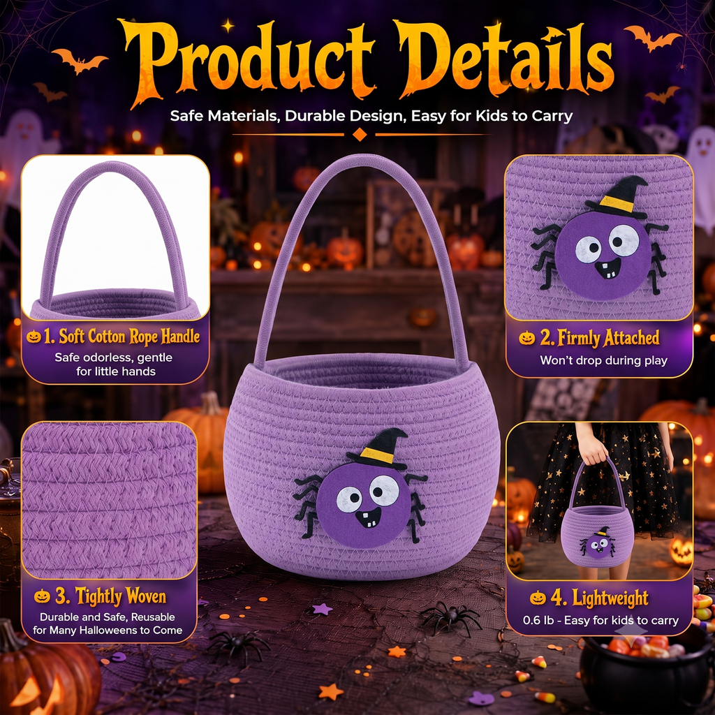 Halloween Trick or Treat Basket for Kids, Light Up Spider Candy Bucket Cute Woven Cotton Rope Boo Basket with Handle, Small Halloween Gift Basket for Party,7.87"x6.5"x5.91", Purple