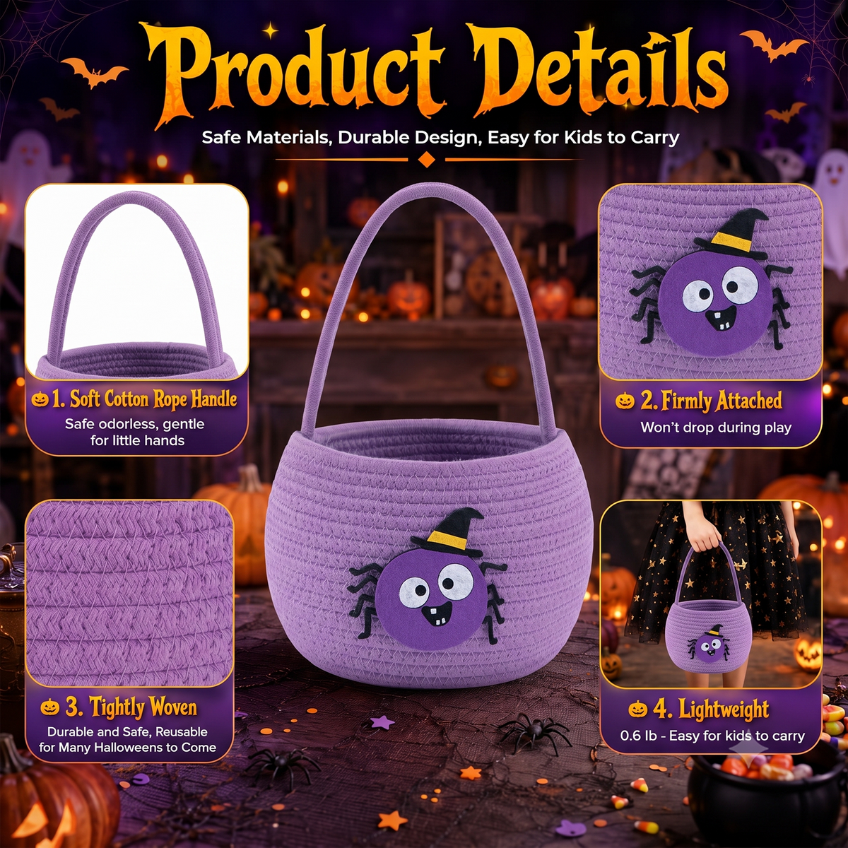 Halloween Trick or Treat Basket for Kids, Light Up Spider Candy Bucket Cute Woven Cotton Rope Boo Basket with Handle, Small Halloween Gift Basket for Party,7.87"x6.5"x5.91", Purple