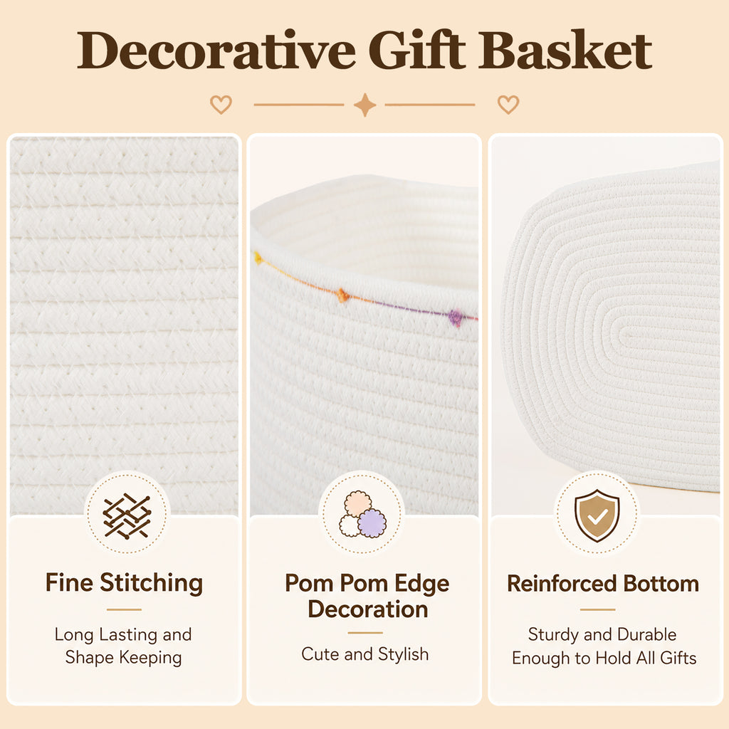 Large Gift Basket Empty for Baby Shower, Birthday, Wedding, Festival, White | Cotton Rope Storage Basket with Pom Pom Edge, Ribbon, Gift Bag, Decorative Toy Bin for Nursery, Shelf, 15.35''x11.42''x6.69''