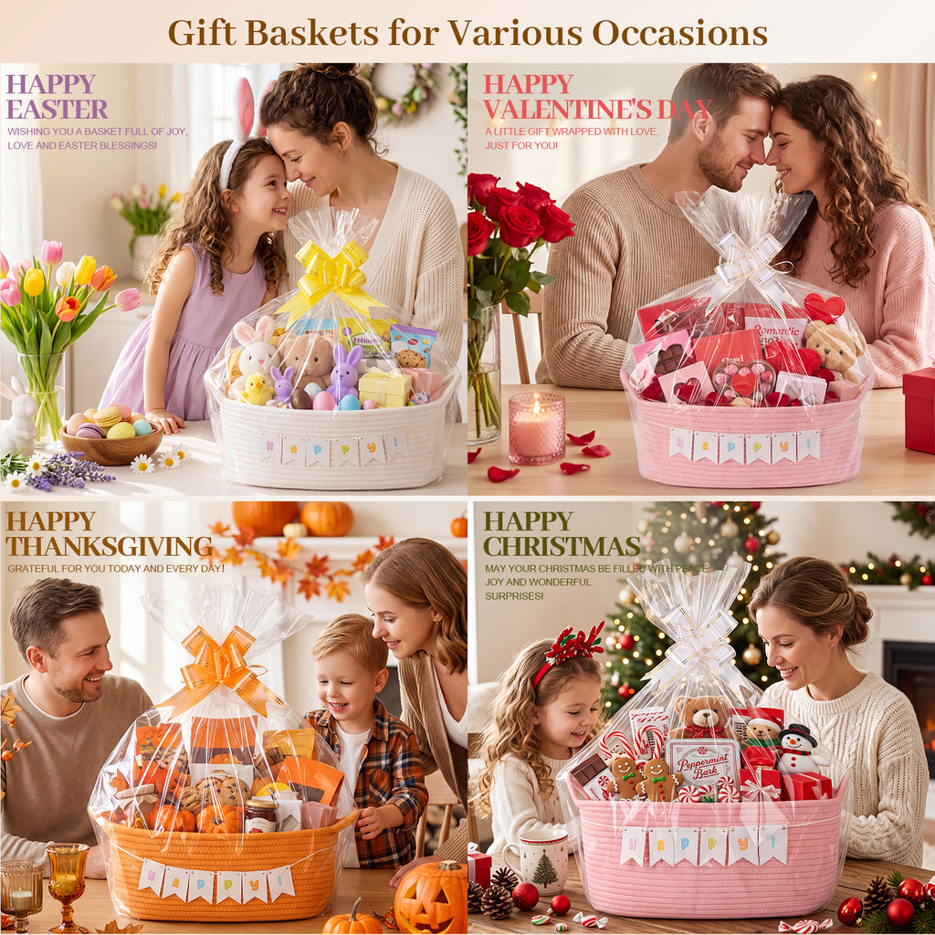OIASKET Empty Personalized Gift Basket for Baby Shower & Birthday | 13.5"x10"x6" Woven Storage Basket with Bags, Bow & DIY Flag Set for Kids, Dogs, Nurser Toy Bin Home Decor-White