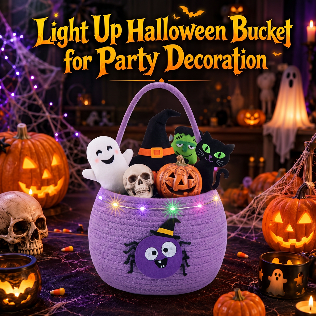 Halloween Trick or Treat Basket for Kids, Light Up Spider Candy Bucket Cute Woven Cotton Rope Boo Basket with Handle, Small Halloween Gift Basket for Party,7.87"x6.5"x5.91", Purple