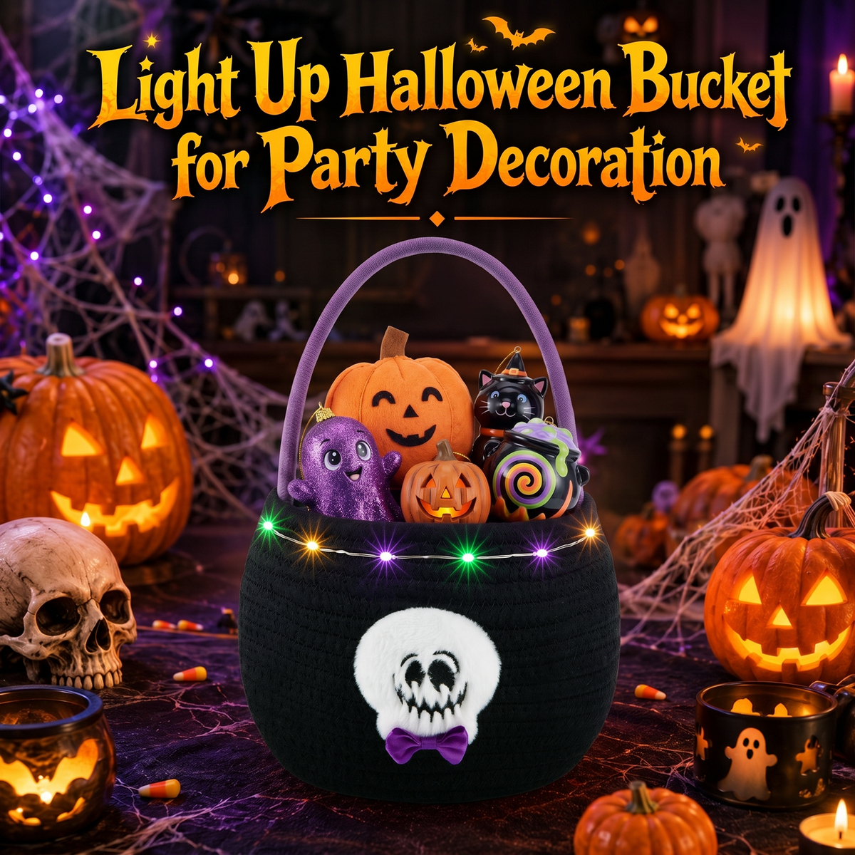 Halloween Trick or Treat Basket for Kids, Light Up Skull Candy Bucket Cute Woven Cotton Rope Boo Basket with Handle, Small Halloween Gift Basket for Party,7.87"x6.5"x5.91", Black